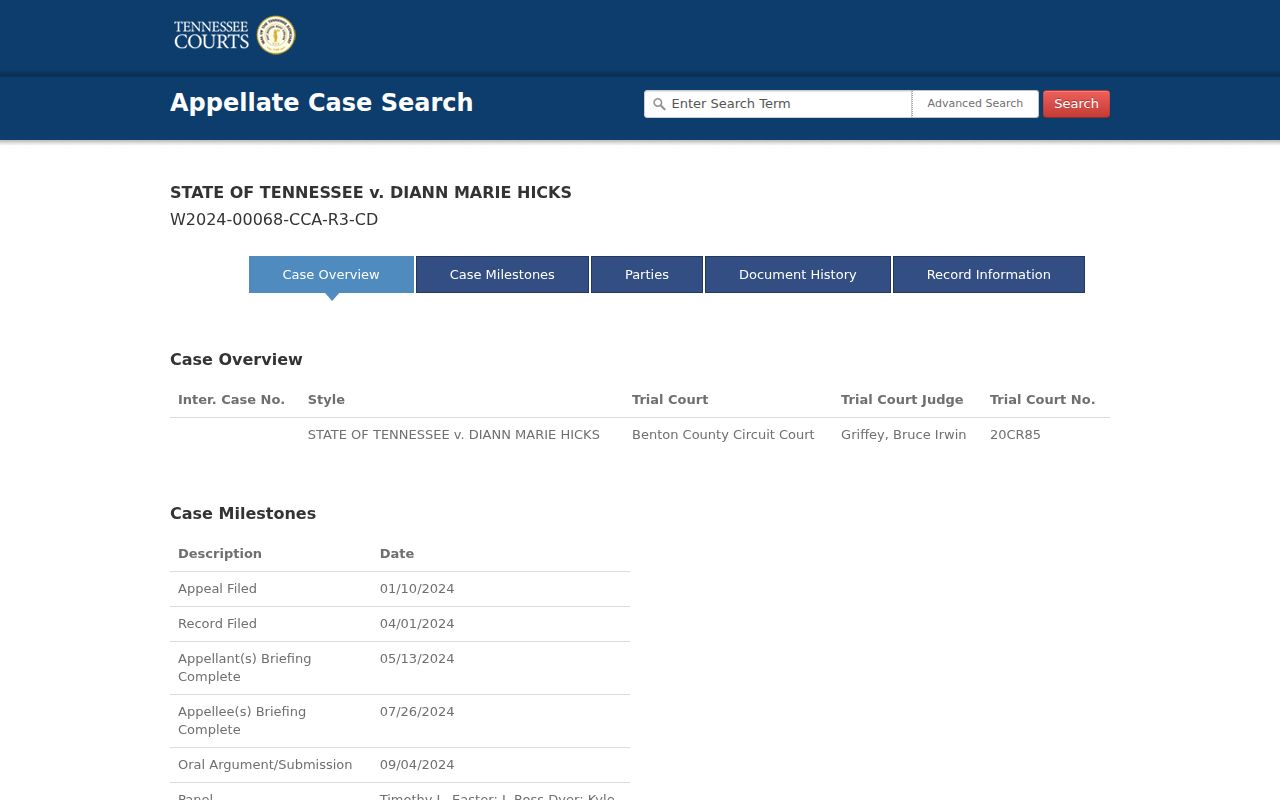 Tennessee Public Case History criminal appeal overview and milestone fields