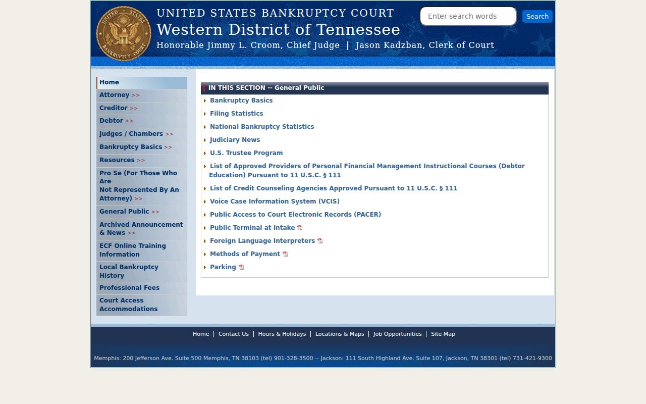 Western District of Tennessee bankruptcy court general information and access route