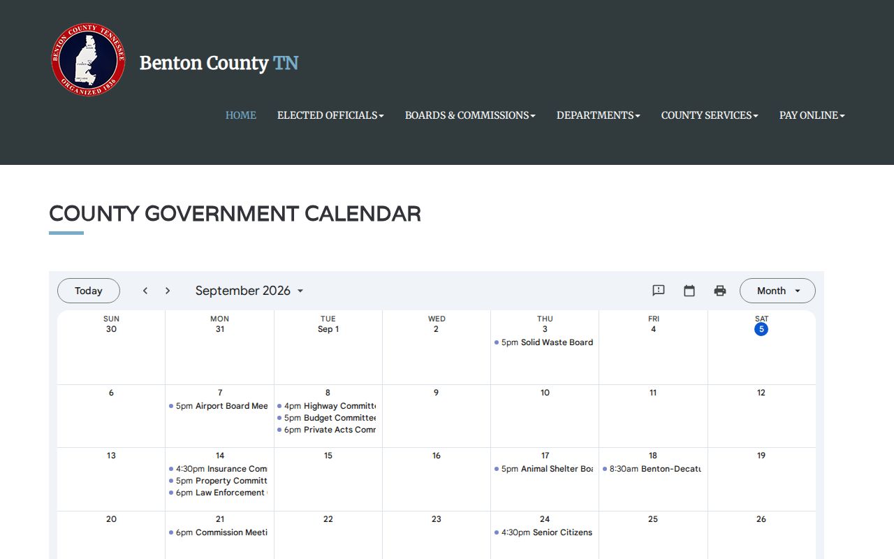 Benton County government calendar that is not a civil hearing docket