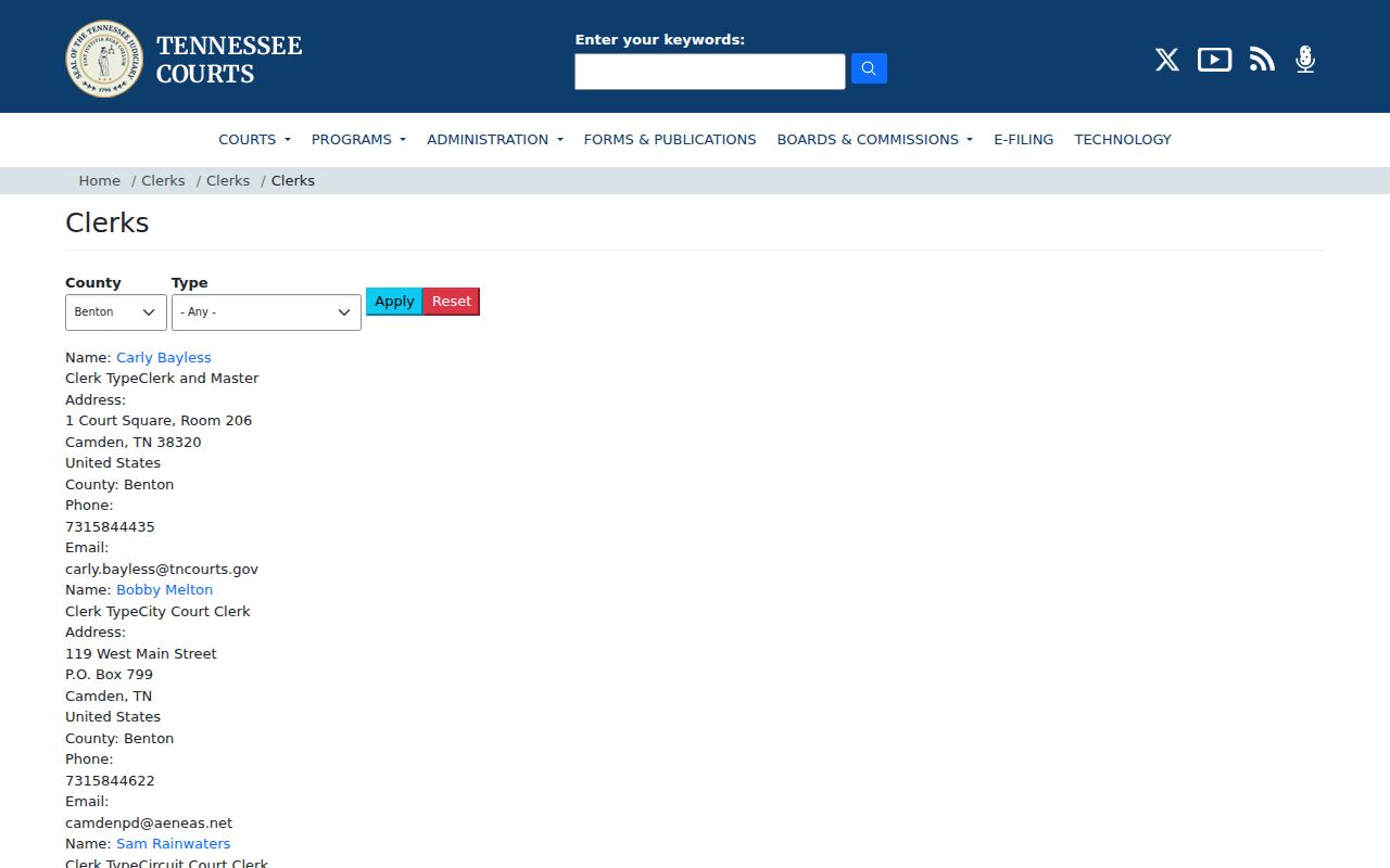 Tennessee clerk directory listings for Benton County civil court offices