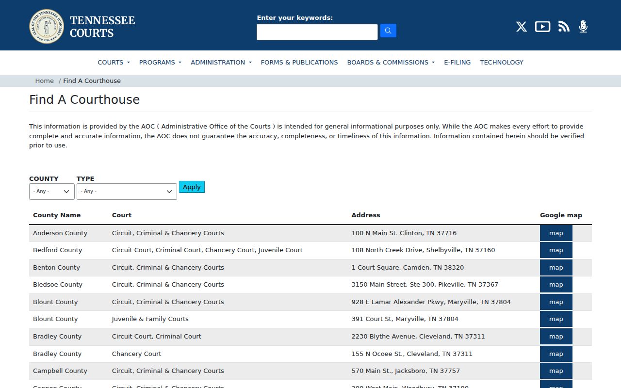 Tennessee courthouse directory entry for Benton County courts