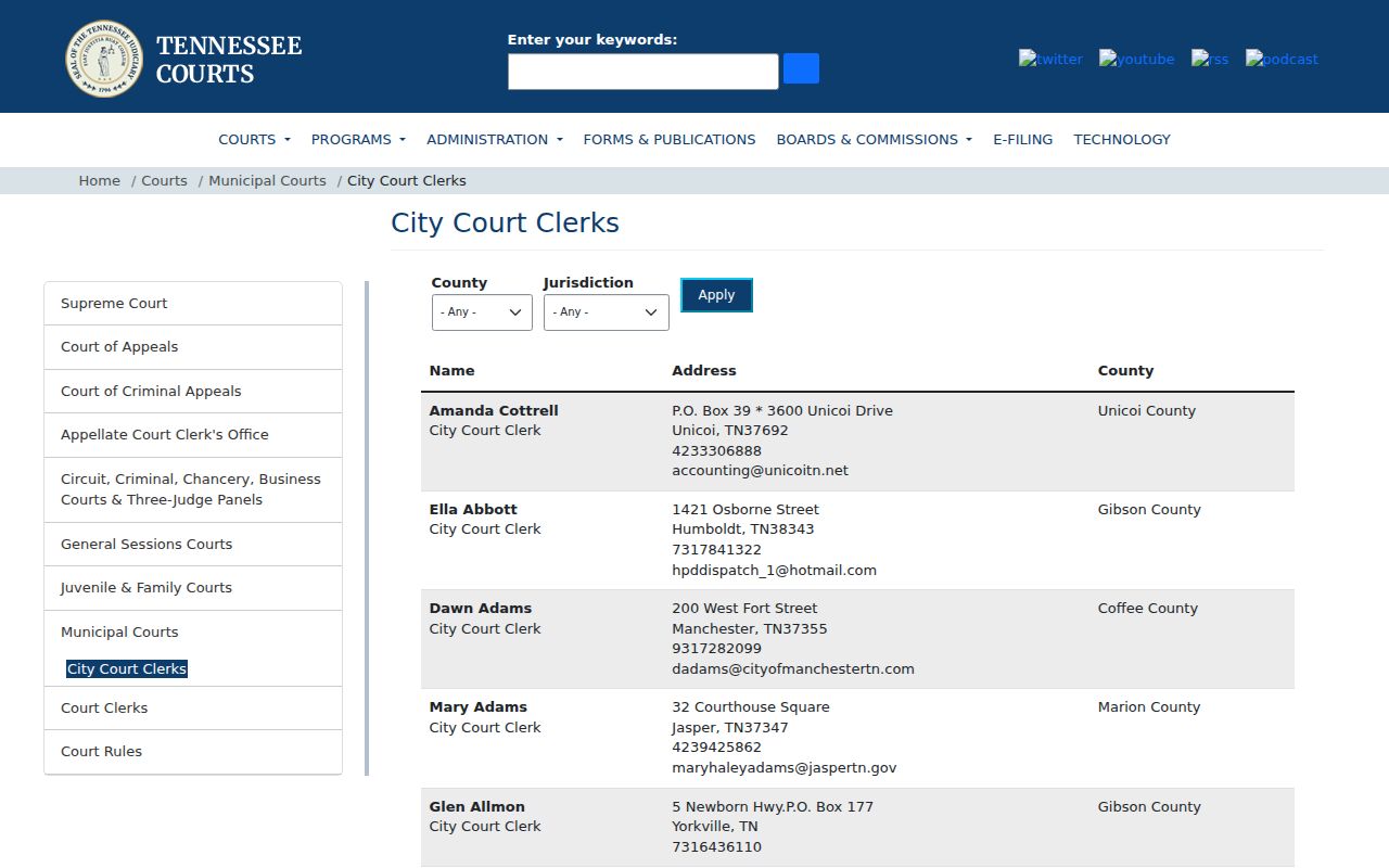 Benton County court calendar municipal clerk directory