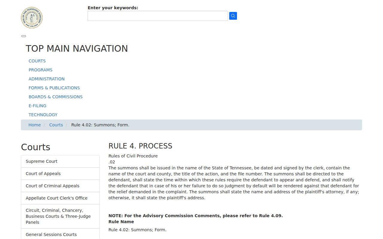 Tennessee Rule 4.02 civil summons record fields