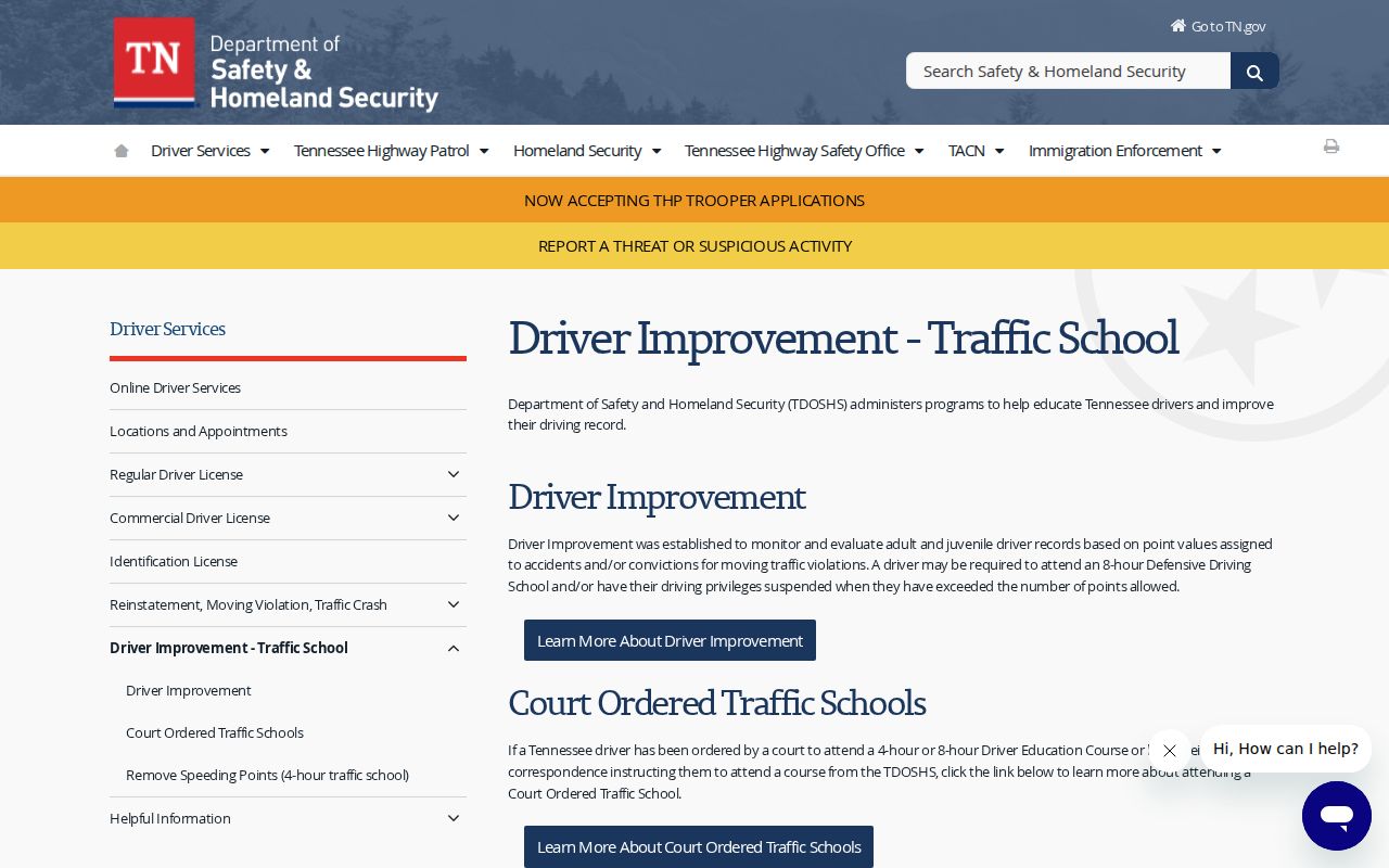 Tennessee Safety traffic school and driver improvement information