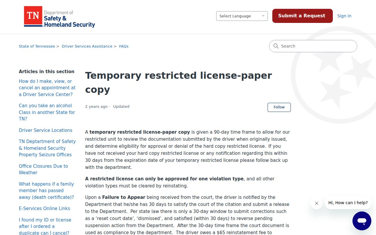 Tennessee Safety failure to appear and license process guidance